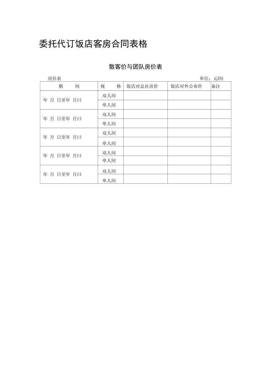 酒店前台常用表格